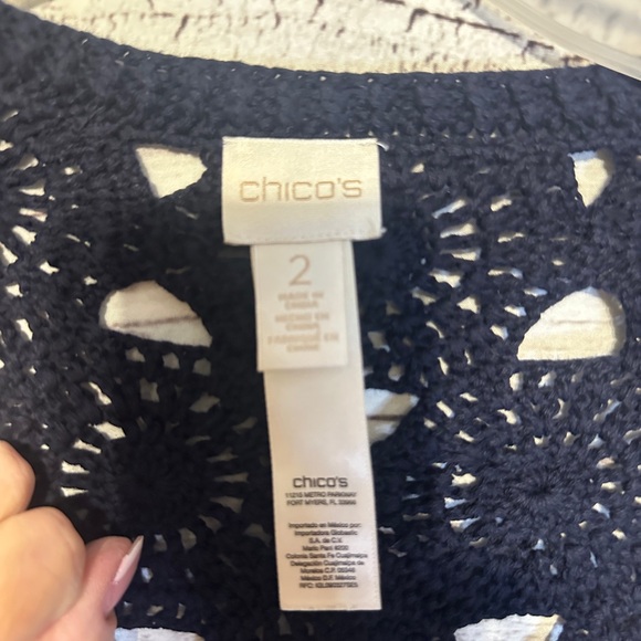 Chico’s Navy Blue Crochet Open Front Cardigan Shrug Size 2 (L) - Picture 2 of 4